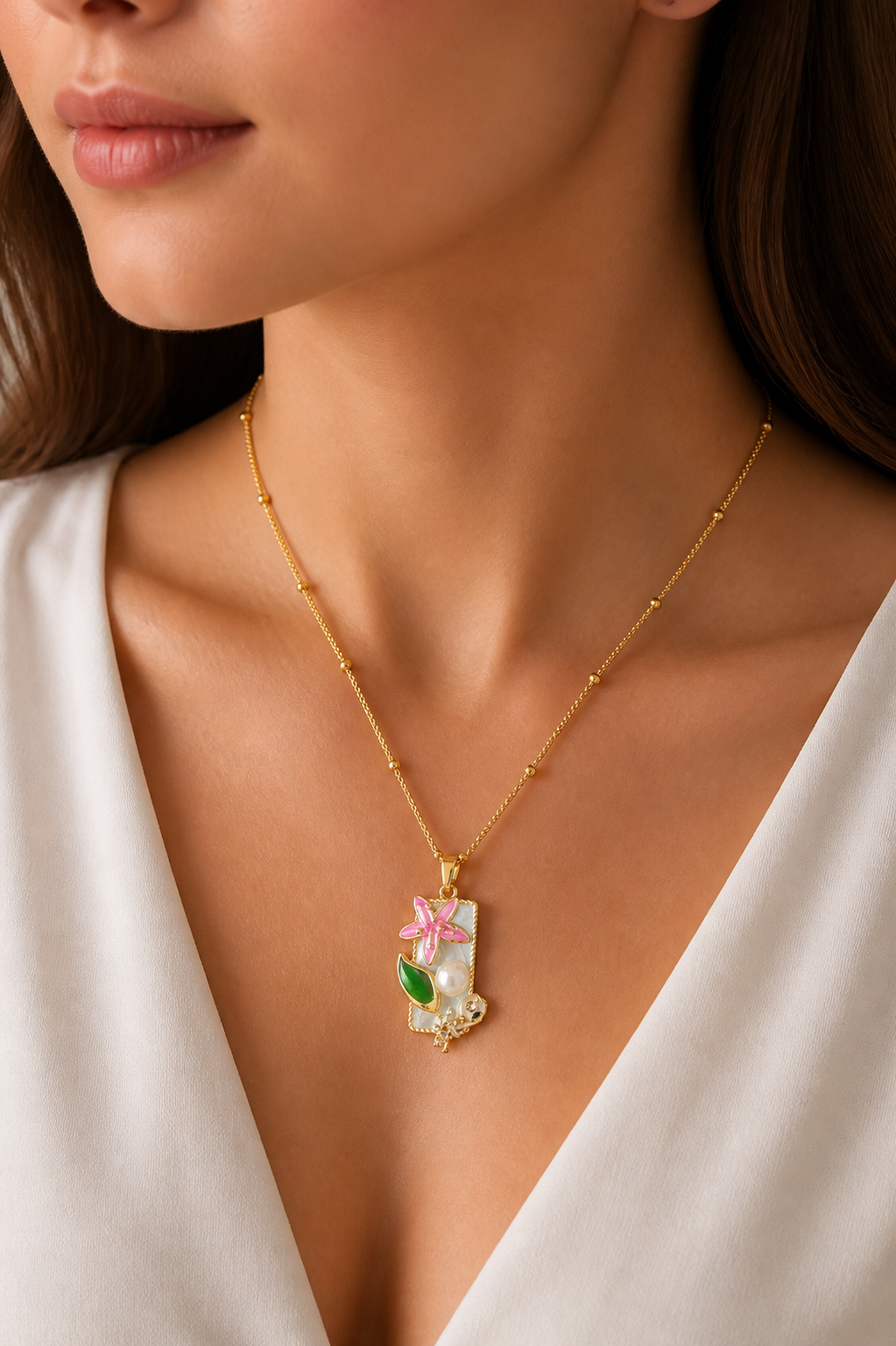 Flora Pearl Enamel Charm Necklace