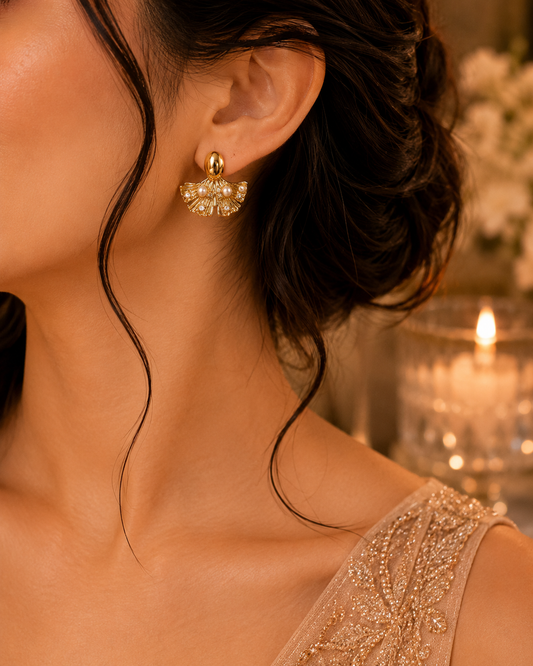 Golden Pearl Fan Stud Earrings