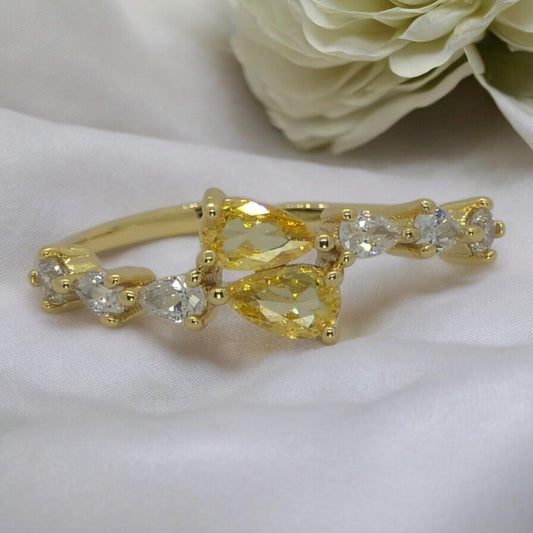 Golden Petal Crystal Open Ring
