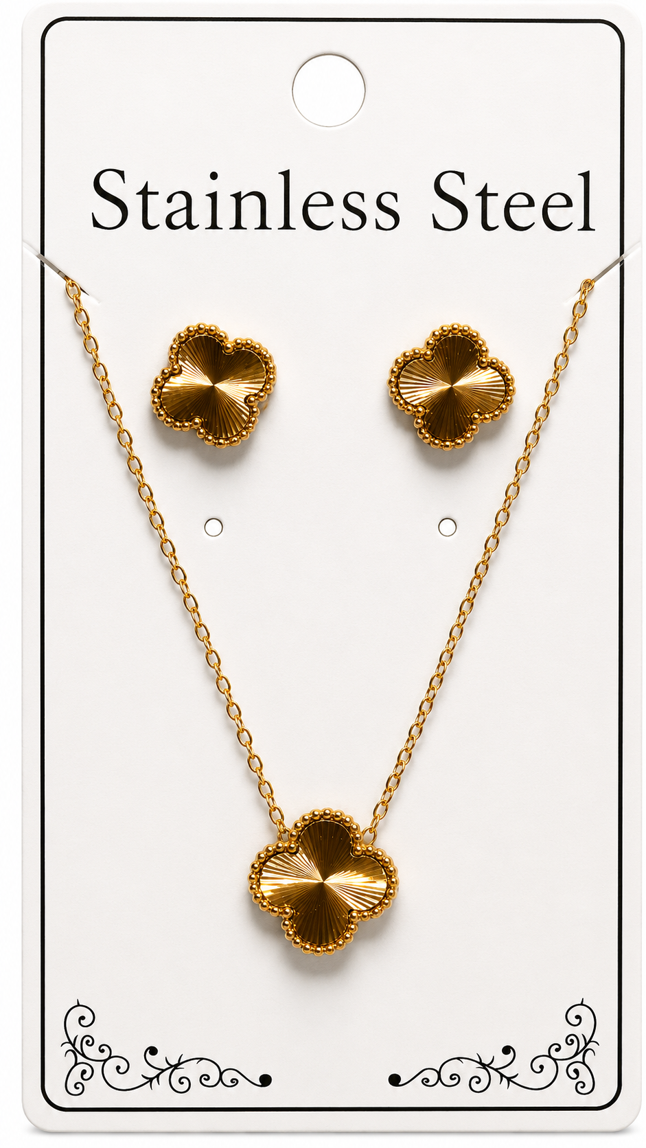 Gold Clover Pendant Necklace & Stud Earrings Set