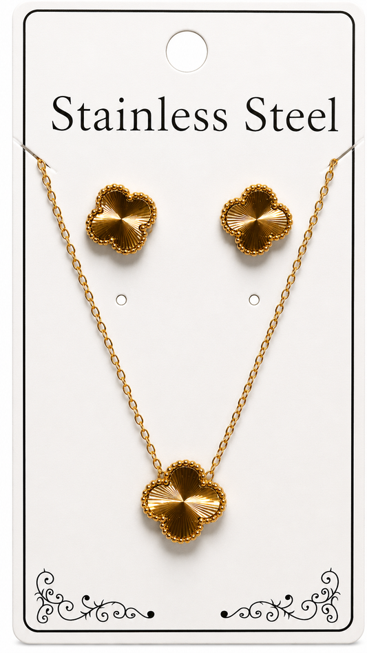 Gold Clover Pendant Necklace & Stud Earrings Set