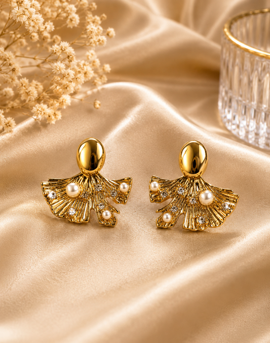 Golden Pearl Fan Stud Earrings