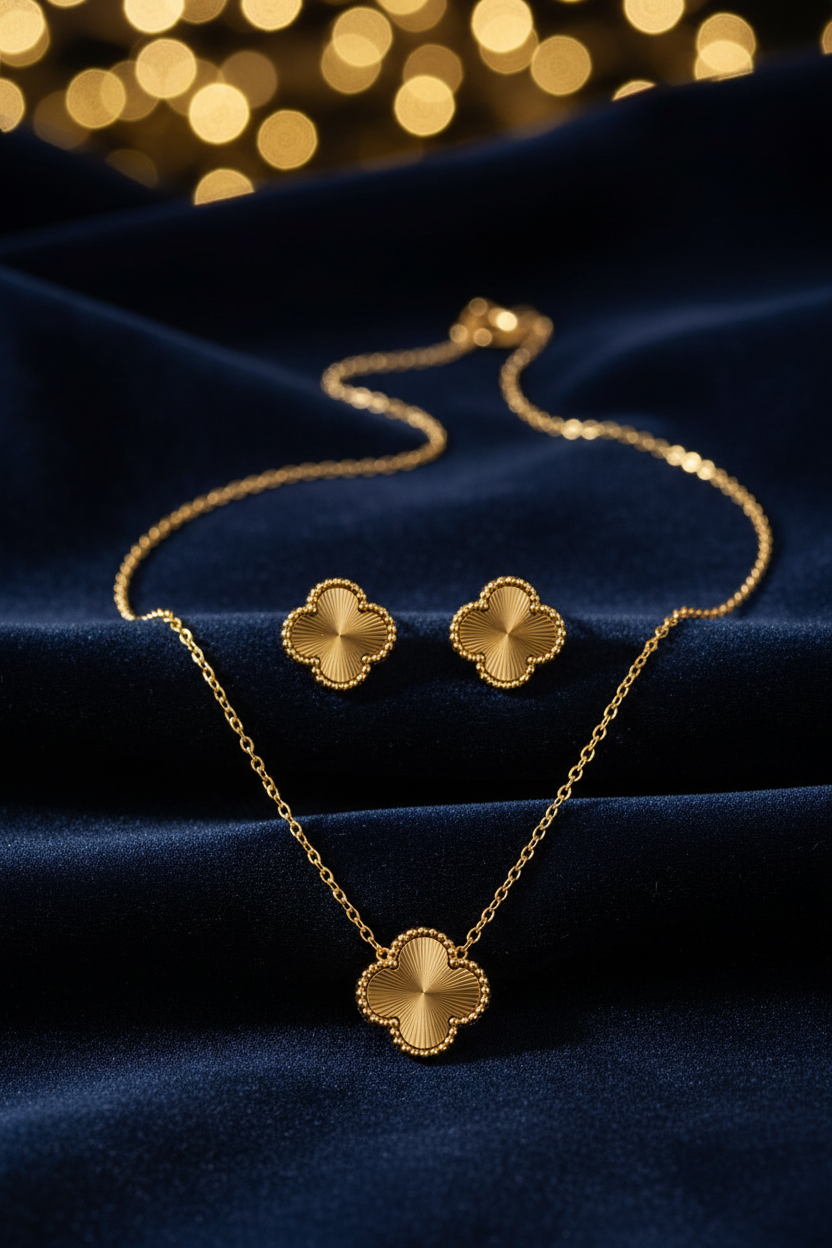 Gold Clover Pendant Necklace & Stud Earrings Set