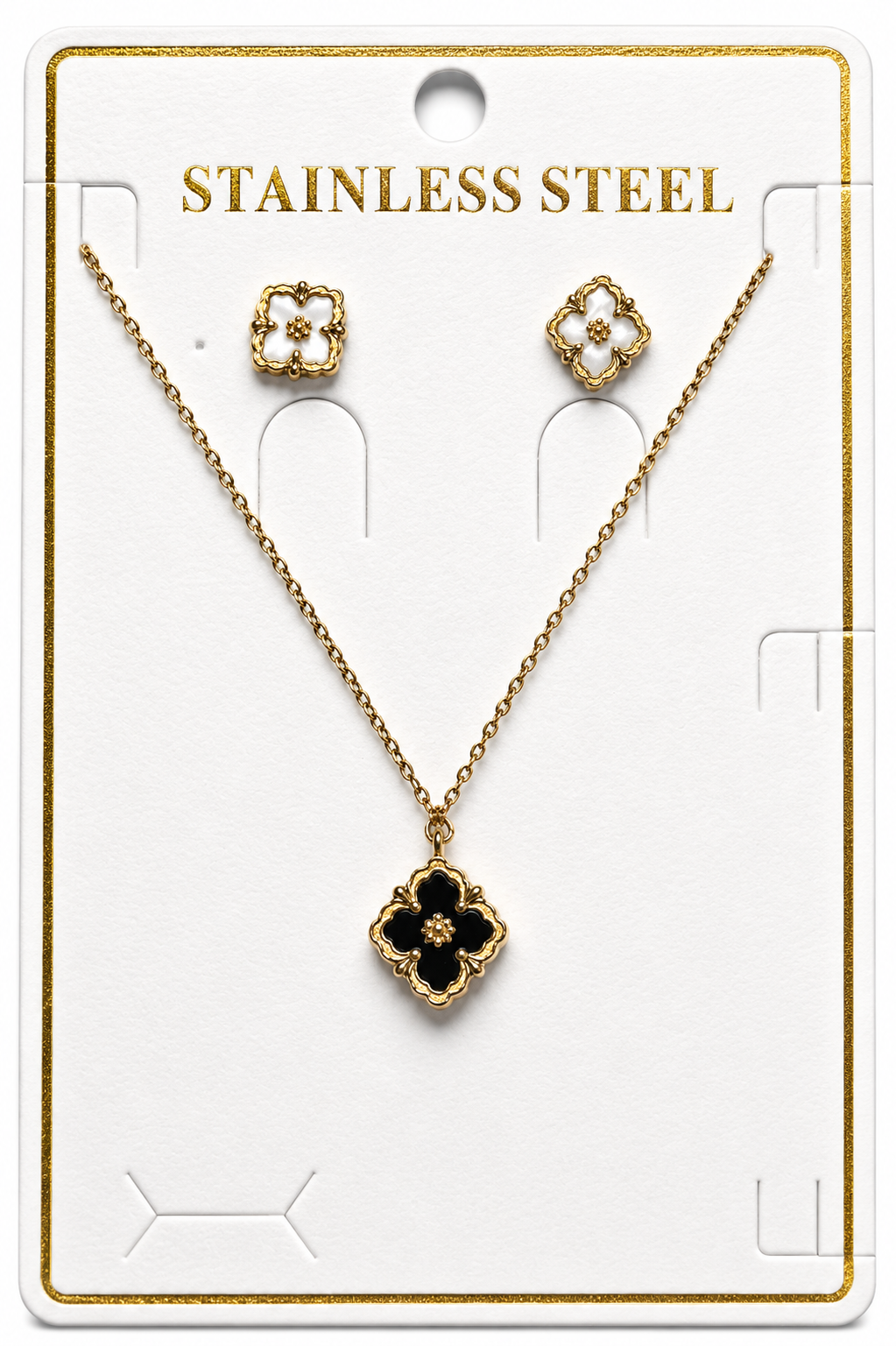 Black and White Clover Pendant & White Stud Earrings